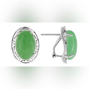 Oval Green Jadeite Sterling Silver Greek Key Stud Earrings